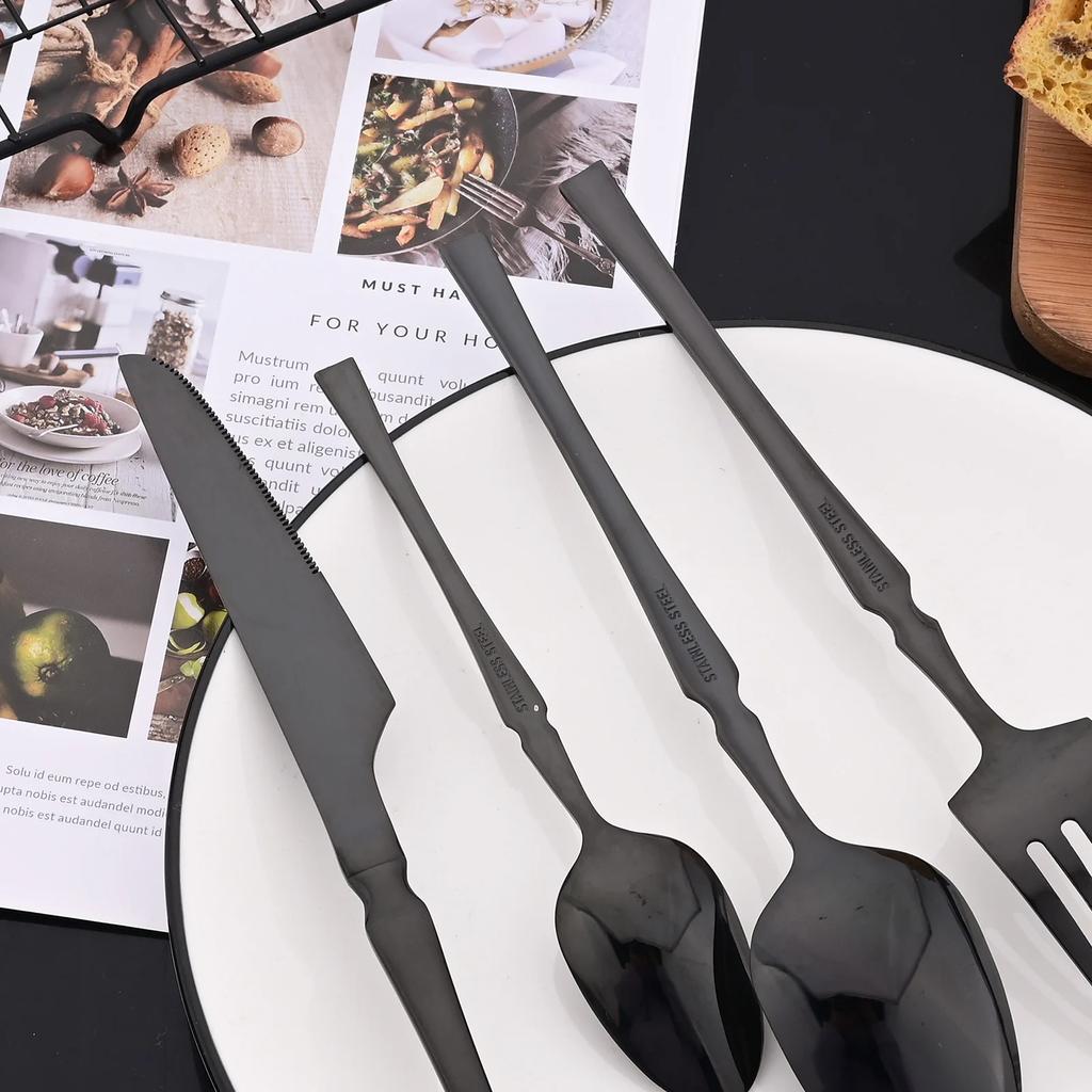 4Pcs Mirror Black Cutlery Set Stainless Steel Flatware Western Knife Fork Spoon Silver Cutlery Kitchen Tableware Set Supplies