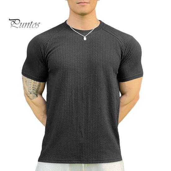 Мужской летний топ с 3D-текстурой, круглым вырезом, короткими рукавами, свободная однотонная мужская спортивная футболка для ежедневного использования M чёрный