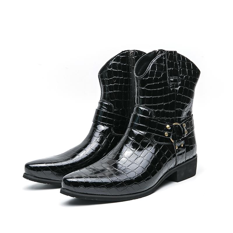 

New Designer Winter Pointed Alligator Pattern Patent Leather Chelsea Ankle Boots For Men s Flats Black High Tops Shoes 38