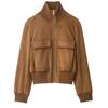 Womens Stand Collar French Style Bomber Jacket In Light Brown Ribbed Cuffs Short Length Regular Fit