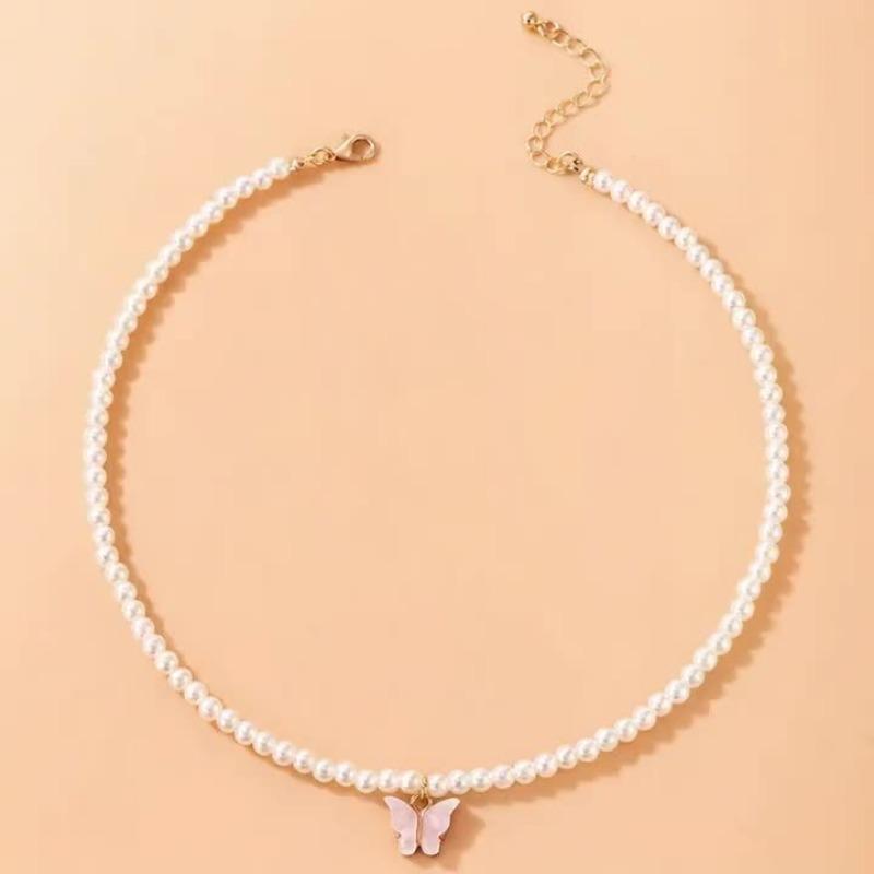 Women Simple Vacation Imitation Pearl Butterfly Clavicle Necklace