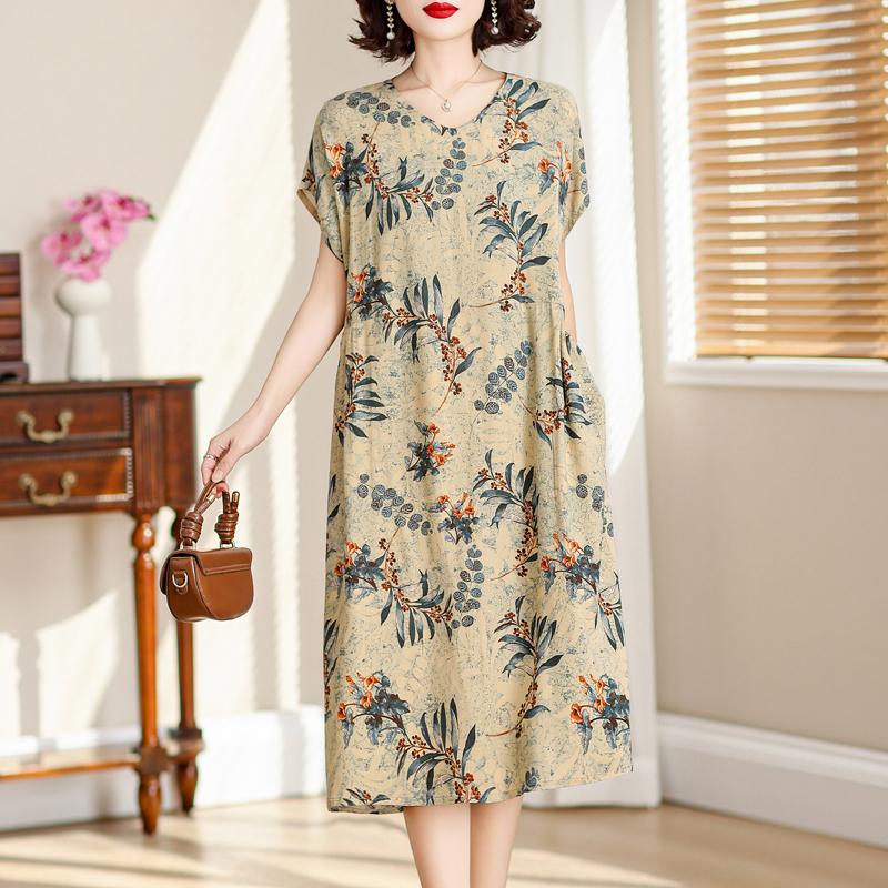 Vintage Long Dresses for Women Short Sleeve Elegant Plus Size Dress Loose Summer Clothes