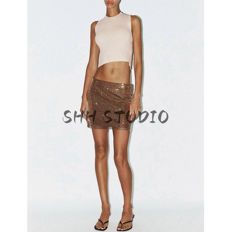 Summer New Product Women's Clothes French Style Design Back Slit Knitted round Neck Sleeveless Short Top 3646008