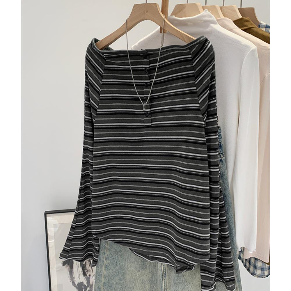 Autumn 2025 New Arrival: Women's High-End Korean Style Striped One-Shoulder Long-Sleeved T-Shirt