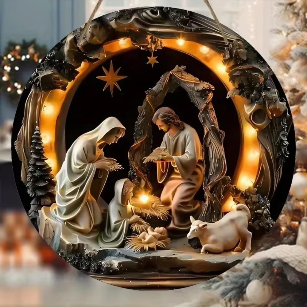 Virgin Mary Nativity Scene Metal Tin Sign with 2D Relief Effect of Jesus, Round, for Christmas.