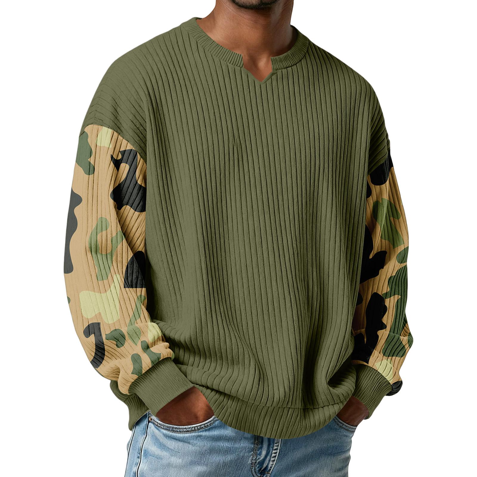 

Мужская стильная камуфляжная футболка с V-образным вырезом, рифленой текстурой и длинным рукавом L