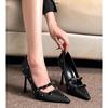 2025 Spring and Autumn new pointed black satin shallow mouth strap rhinestone high heels female fine heeled single shoes 9CM
