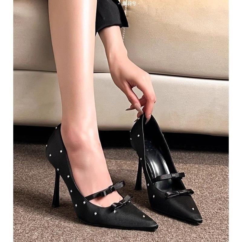 2025 Spring and Autumn new pointed black satin shallow mouth strap rhinestone high heels female fine heeled single shoes 9CM