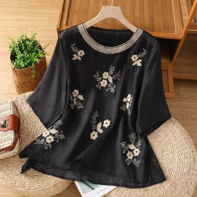 Retro Embroidered Floral Cotton and Linen Mid-sleeve T-shirt for Women, Summer Thin, Loose, Versatile, Casual Round Neck Shirt, Top for Women