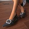 Fashion Luxury Crystal Square Buckle Slingback Sandals Woman Fashion Point Toe Kitten Heel Denim Pump Ladies Bling Rhinestone Party Shoe