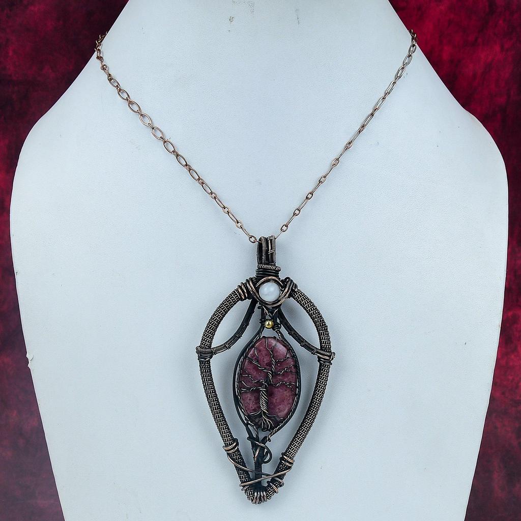 Tree Of Life Rhodonite Gemstone Pendant Copper Wire Wrapped Jewelry Rainbow Moonstone Pendant