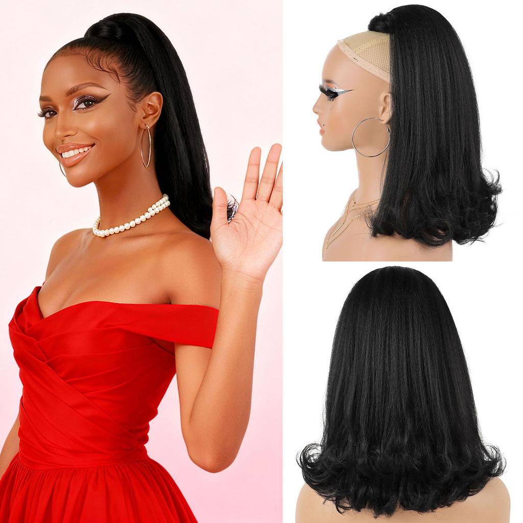 Pferdeschwanz-Verlängerung 16 Zoll Yaki Straight Kordelzug-Pferdeschwanz für Damen Naturschwarz Synthetisches Kinky Straight Haar Schwanz mit Schwanzwickler
