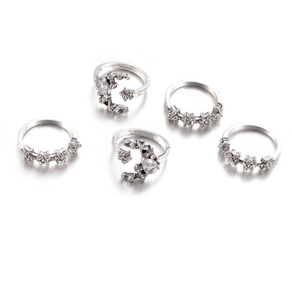 5PC Women Bohemian Star Moon Wedding Lover Crystal Stack Rings Set