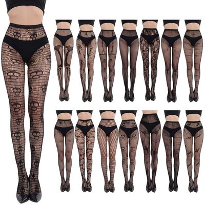 Damen Halloween Party Netzstrumpfhosen Strümpfe Vintage Totenkopf Skelett Geisterhaft Gemustert Netzstrumpfhosen Strumpfwaren Clubwear