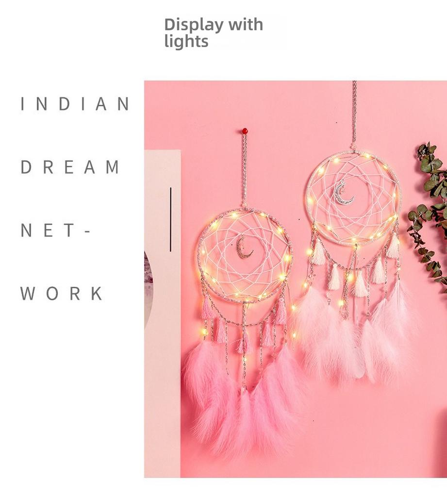 Elegant Feather Wind Chime with Dream Catcher Net, LED Pendants - Creative Handmade Gift for Her"