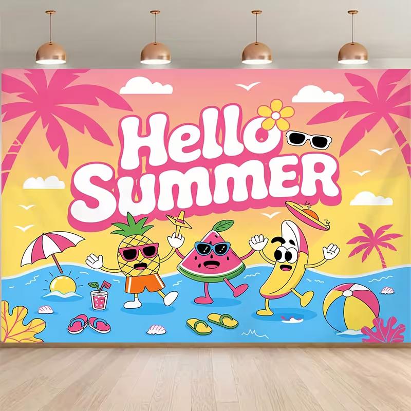 2D Hello Summer Cartoon Fruit Beach Pineapple Watermelon Banana Backdrop Tropical Wall Tapestry 47.2x31.5inch/120*80cm