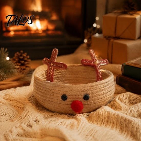 Sturdy Woven Container for Living Room Cute Reindeer Cotton Rope Storage Box, Large Capacity Soft Multi Purpose Box Fabric Basket, Decorative Sundries