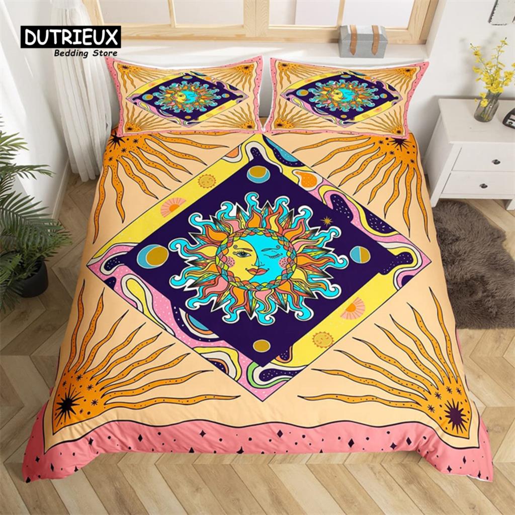 Comforter Sun And Moon King Queen Starry Sky Galaxy Trippy Bedding Set For Kids Adults Microfiber Boho Geometric
