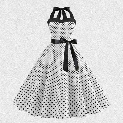 Women Midi Dress Halter Neck Lace Up Tight High Waist Bow Decor Sleeveless A-line Loose Hem Dot Print Retro 50s 60s Lady Backless Prom Party Dress