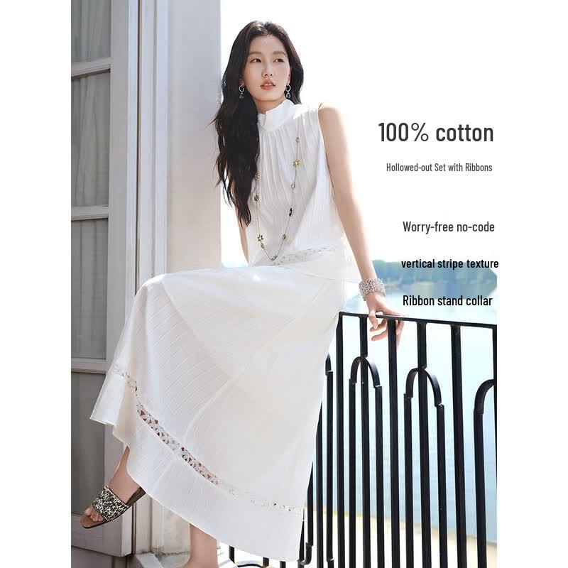 XWI Women's Cotton Ruffled Ribbon Top & High-Waist Skirt Vacation Set