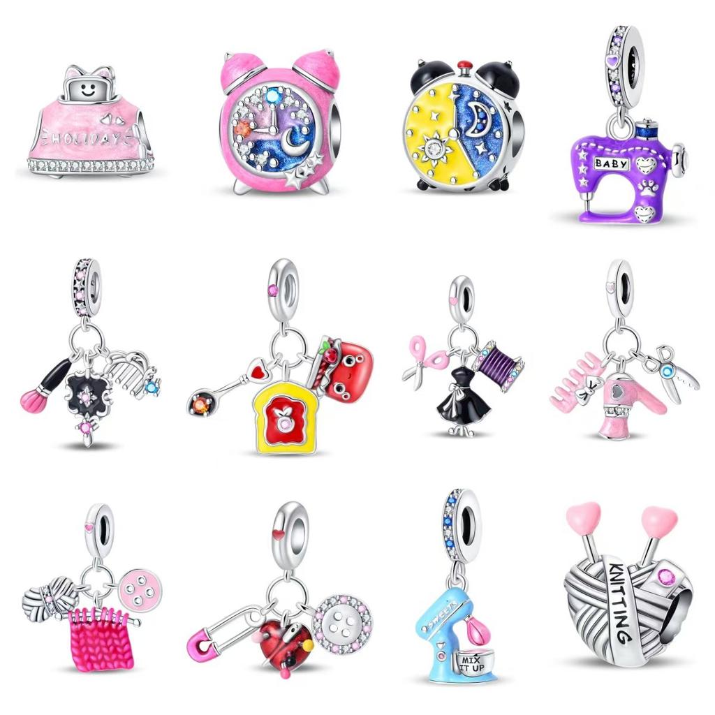 New 925 Silver Life Alarm Clock Clothing Sewing Machine Pendant Beads DIY Style Jewelry Accessories Bracelet Women's Jewelry Gift