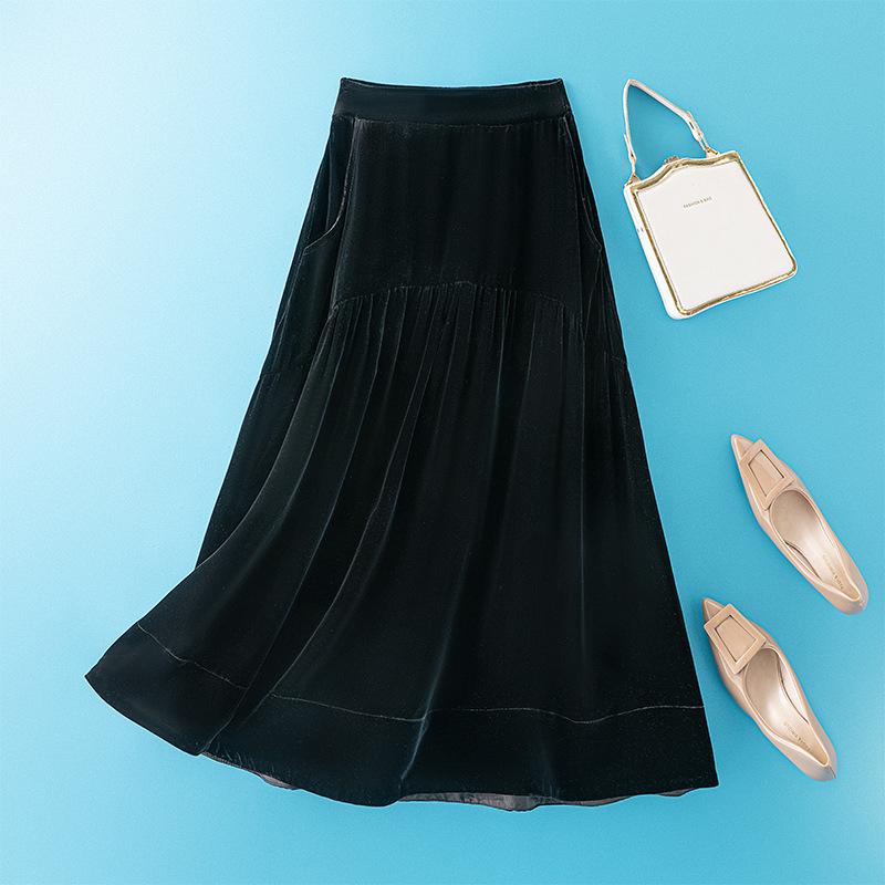 High-Waisted Mulberry Silk Velvet Women s Midi Skirt with Elastic Waistband for Autumn/Winter L чёрный