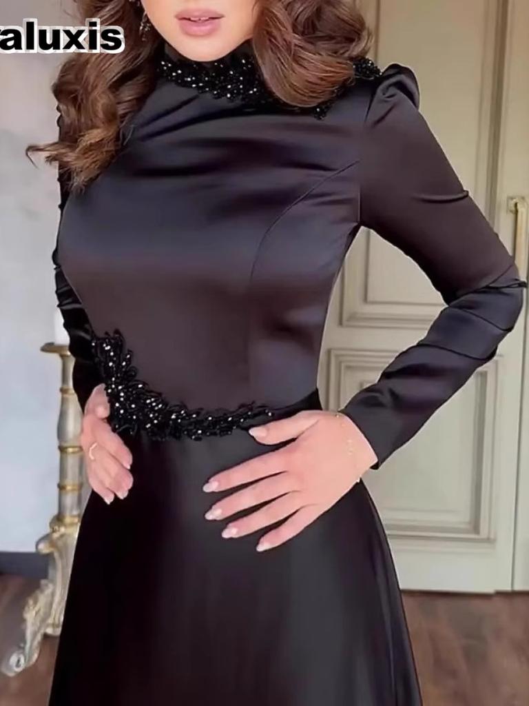 Summer New Arrivals Solid Long Sleeve Slim Fit Lace Trim Vintage Elegant Dress Formal Gown
