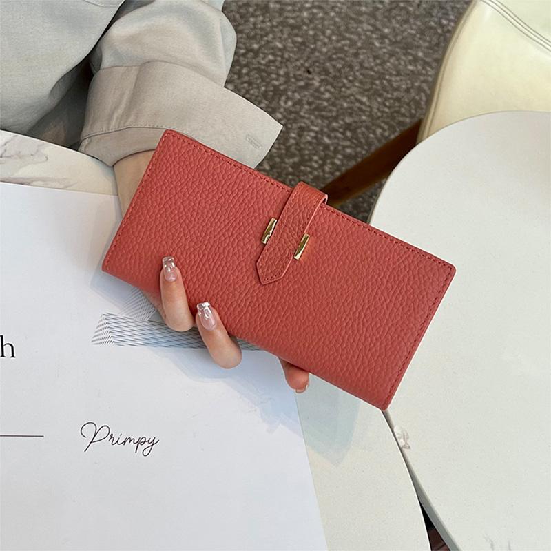 

2025 Натуральная кожа Женские кошельки Первый слой коровьей кожи Длинный кошелек H Hasp Клатчи для женщин Bifold Бумажник без логотипа светло-розовый