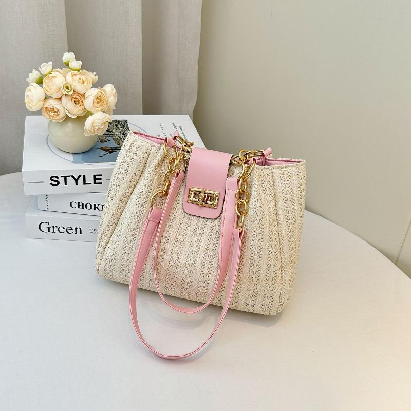 

Stylish Straw & Leather Tote Bag with Gold Chain Grass Woven Women s Handbag Shoulder Bags for Beach Days Casual Summer Outfits рожевий