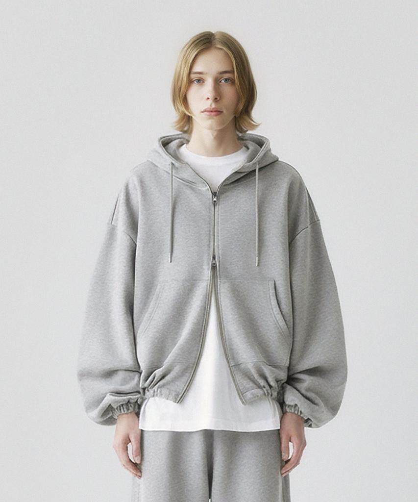 Prinoar [Set] String Overfit Two-Way Zip-Up Hoodie + One-Pleat String Pants - Melange