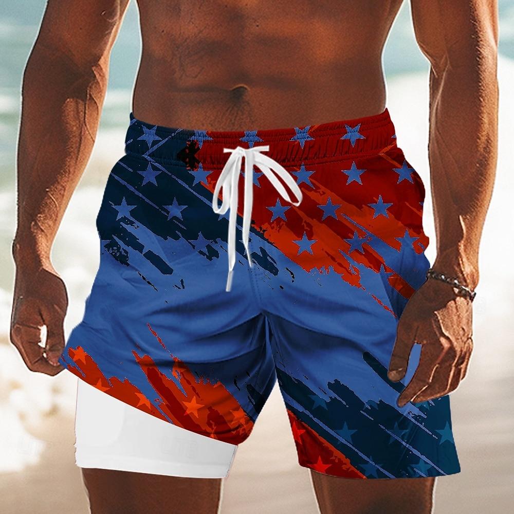 Men's 4th of July U.S. 250th Anniversary US Flag Lined Shorts 2 In 1 Board Shorts With Compression Liner Elastic Drawstring Waist Designer