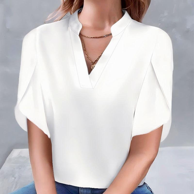 GMXIA Kadın Modası Günlük Düz Renk Desen Kısa Kollu V Yaka Bluzlar ve Gömlekler