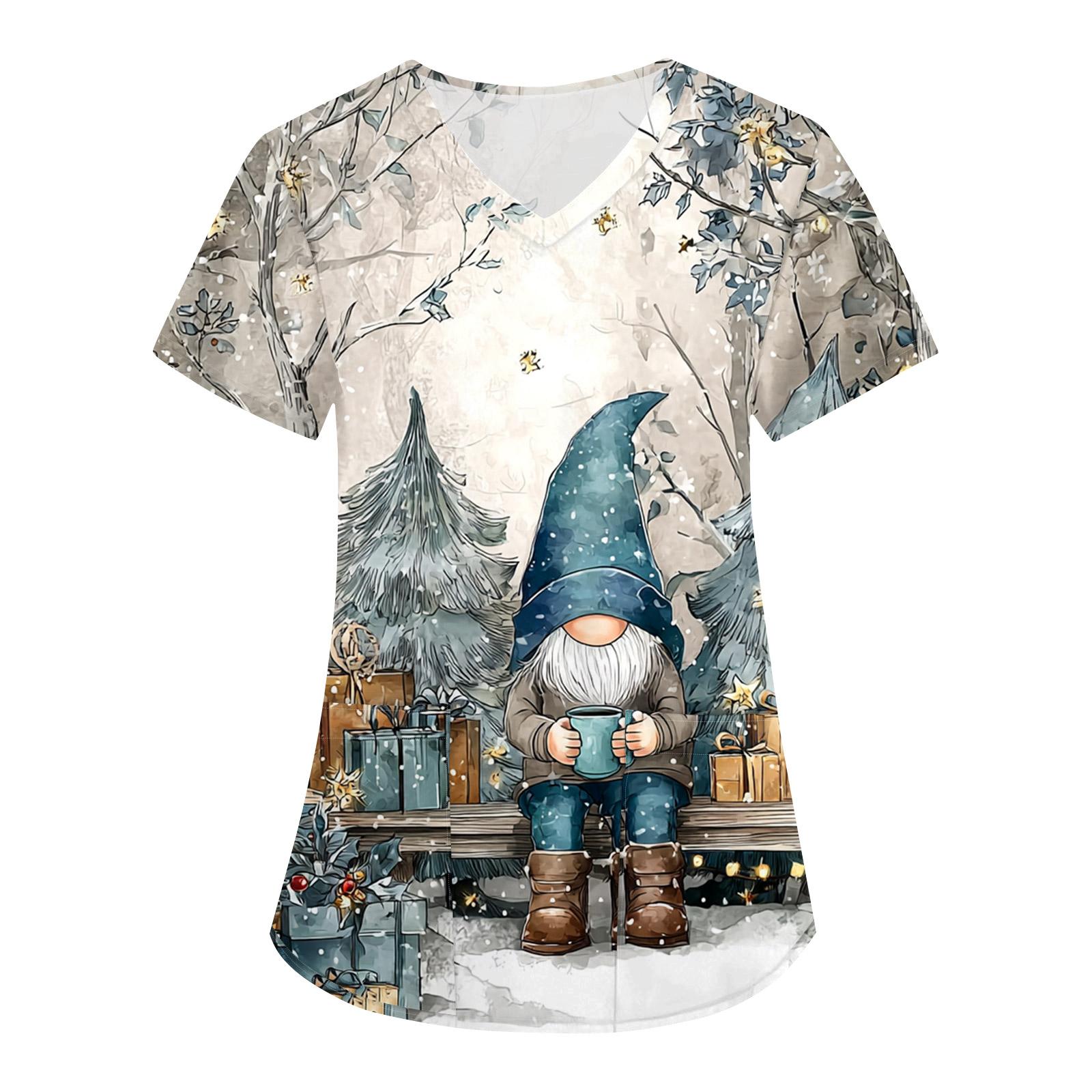 

Женская свободная униформа с V-образным вырезом, короткими рукавами и рождественским принтом XXXXXL белый