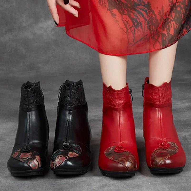 2025 New Autumn Winter Genuine Leather Shoes Women Boots Round Toe Print Sewing Zip Retro Leisure Platform Boots