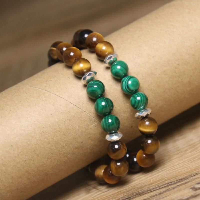Tiger's Eye Malachite Bead Bracelet – Black Onyx Silver Accent Protection Jewelry, Men's Grounding Gift