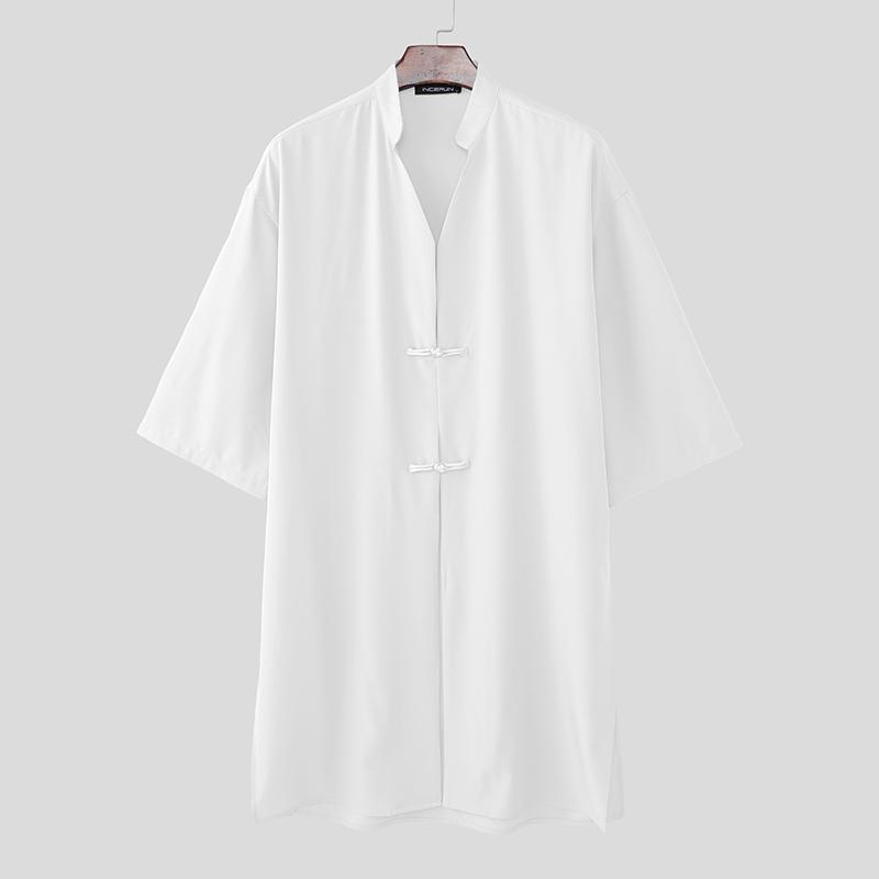 INCERUN Oversized Summer Men V Neck Half Sleeve Splits Casual Long T-shirts Tee Tops