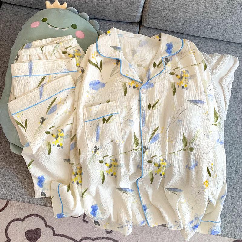 Green Plant Flower Lapel Pajamas Women'S Spring And Autumn Long-Sleeved Trousers Sweet Girl Loungewear Set