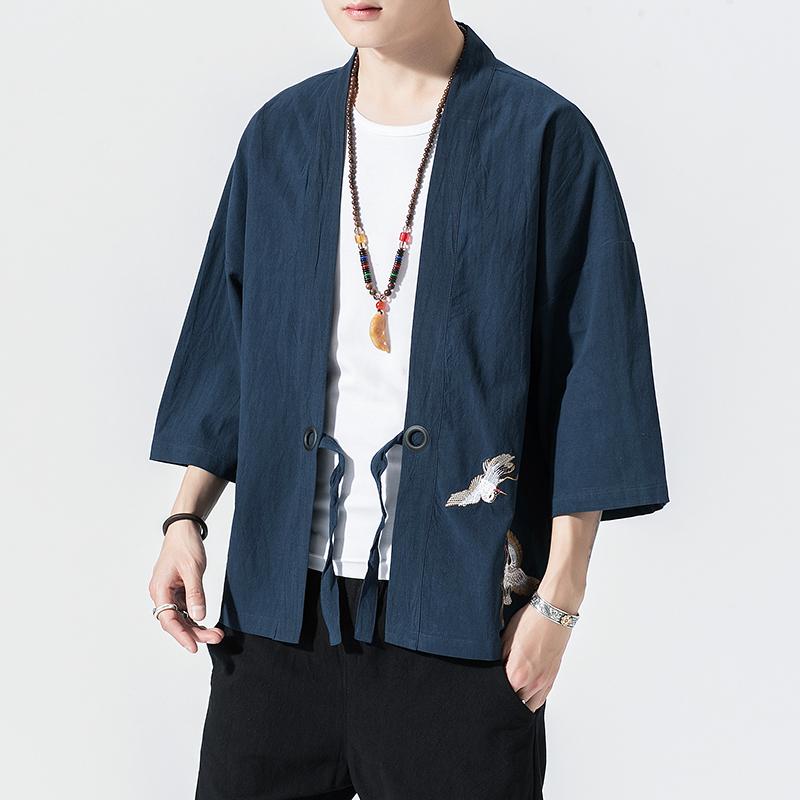 Kimono con Ricamo Tsuru Stile Giapponese Harajuku Taglie Forti Costume da Samurai Uomo Yukata Abbigliamento Asiatico Cardigan Giacca