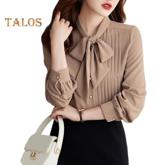 Women Shirt Stand Collar Lace-up Bowknot Long Sleeve Pleated Pullover Tops Solid Color Loose Fit Chiffon Blouse