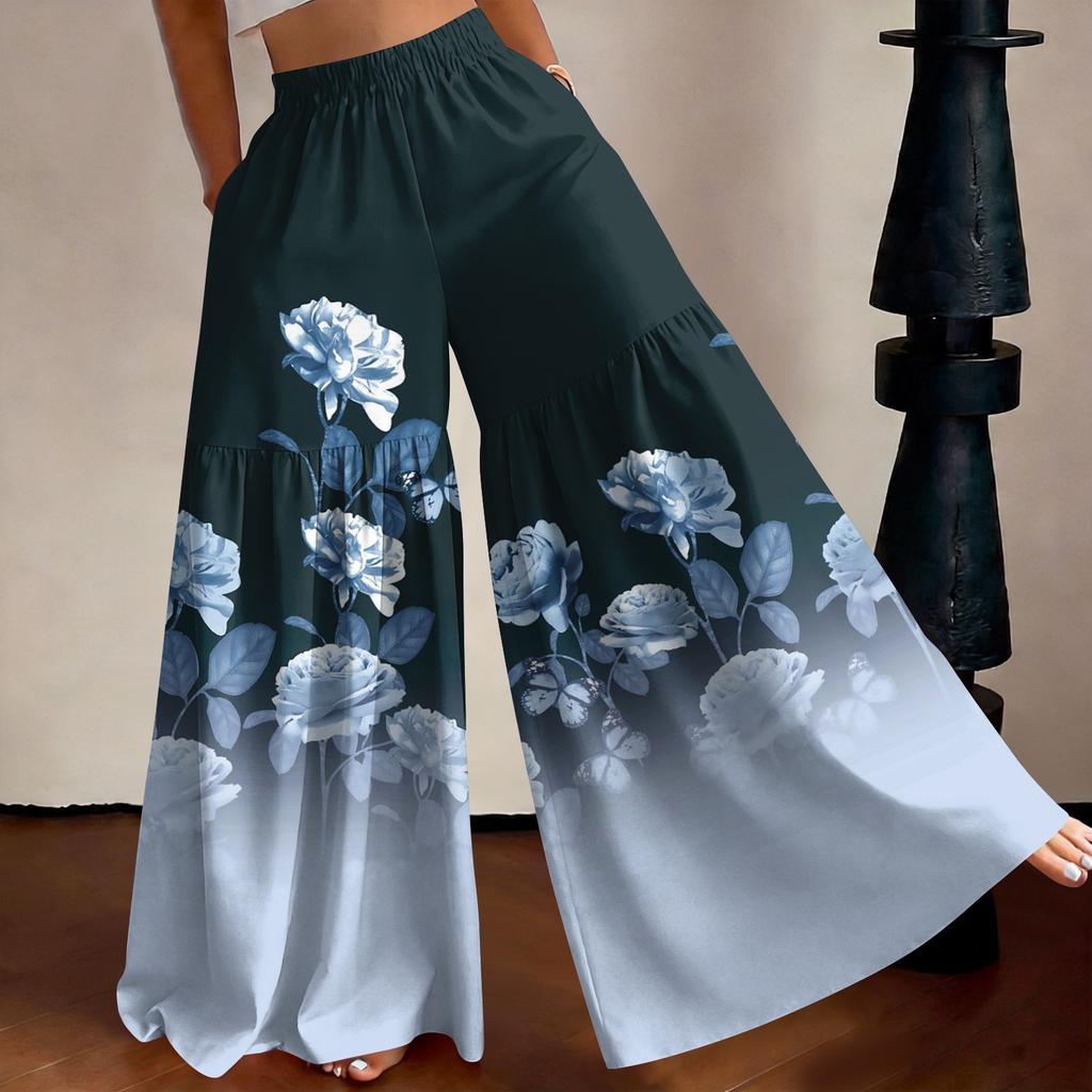 Women High Waist Loose Fit Lightweight Wide Leg Pants Vintage Floral Print Flowing Long Trousers Casual Relaxed Style