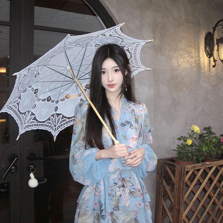 Seaside Style Lantern Sleeve Floral Chiffon V-Neck Dress for Tall Slim Women