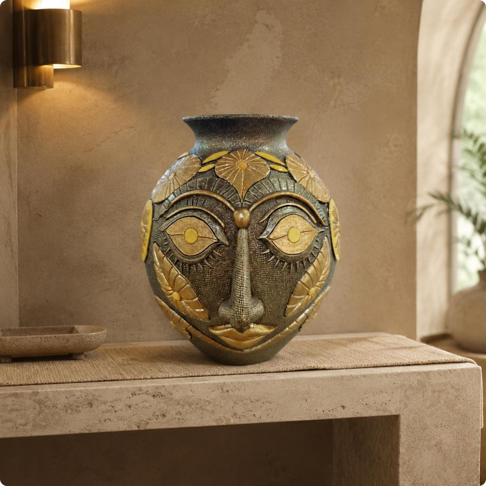 Abstract Face Vase Gilded Bronze Relief Textured Surface House Decoration