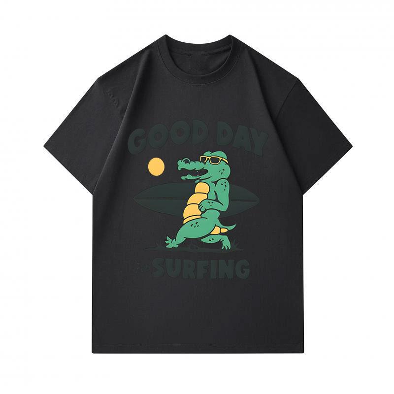 Men's 100% Cotton Crew Neck Short Sleeve T-Shirt, Funny Good Day For Surfing Cartoon Crocodile Printed Casual Lightweight Tee for Daily Summer Wear