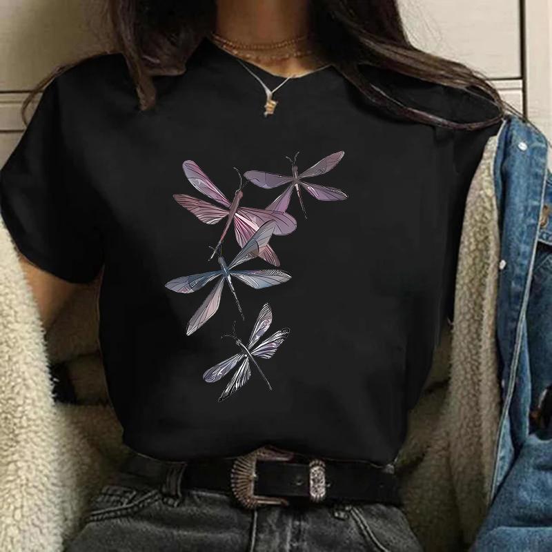 Vintage  T Shirt Women's Casual Short Sleeve T-Shirt Dragonfly Print Casual Summer Spring Women's Clothing Top Tee