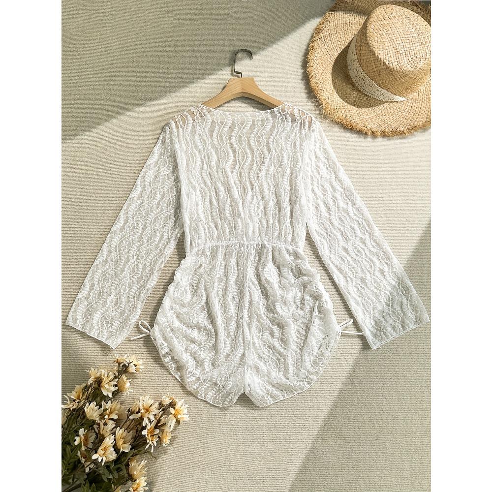 1pc of Drawstring Tied Hollow V-neck Dress, Short Sleeved Summer Vacation Skirt, Women's Beachwear