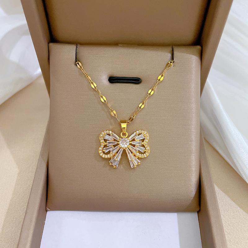 Titanium Steel Full Zirconium Butterfly Light Luxury Banquet Wedding Necklace Women'S Versatile Collarbone Chain Titanium Steel Chain