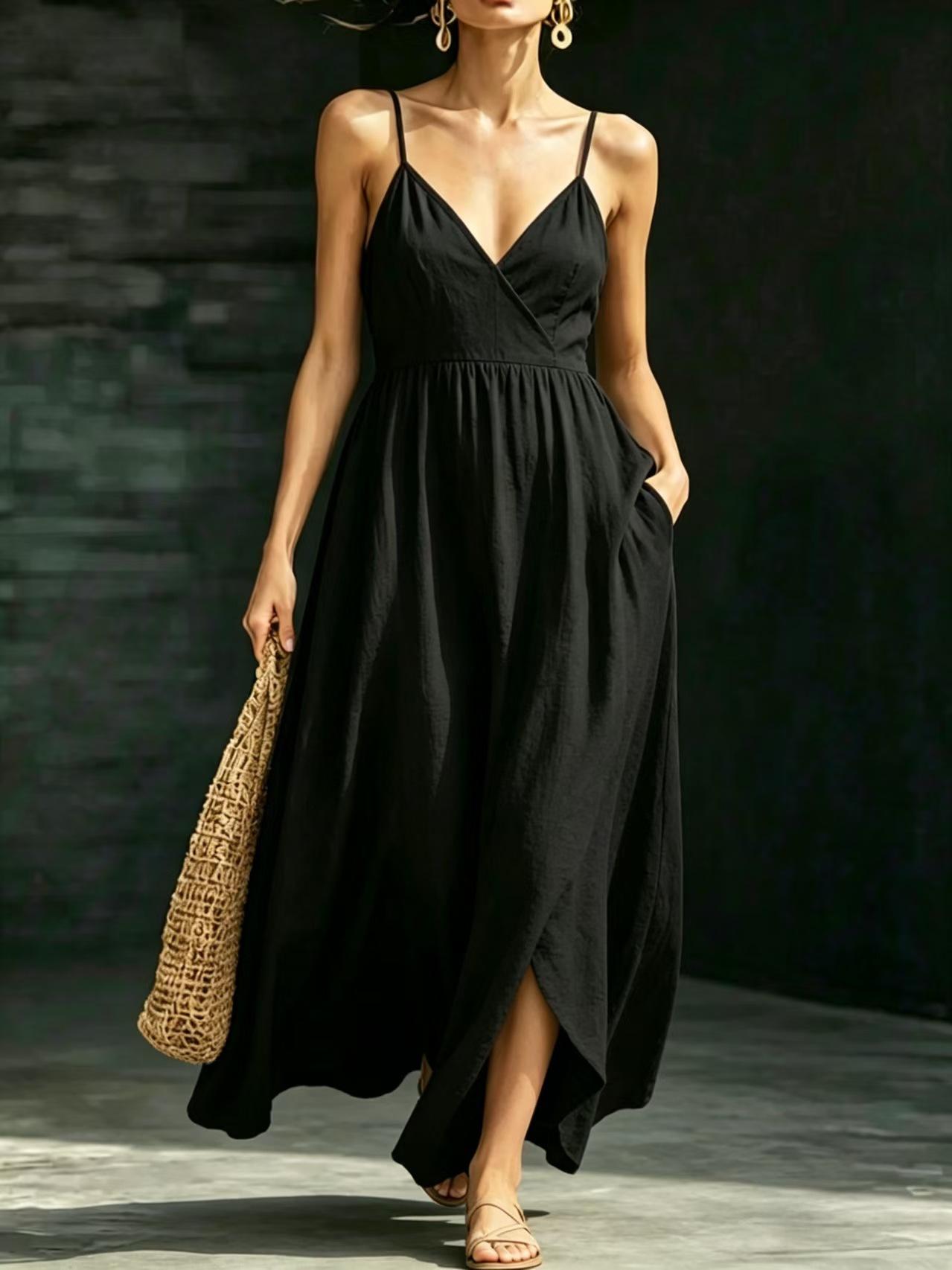 Cross-border European and American women s dress 2026 summer V-neck backless suspender pocket elegant long suspender dress S