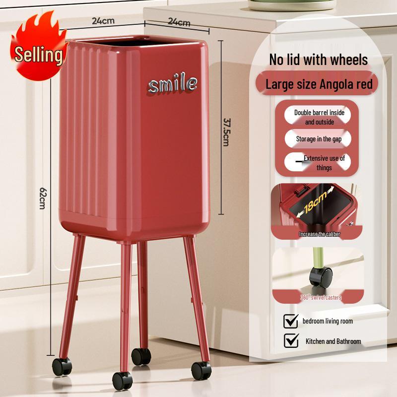 High-End Wheeled Trash Can with Lid: No-Bend, Press To Open, Light Luxury Design for Kitchen & Living Room