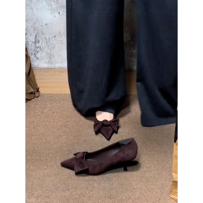 Suede bow high heels, stiletto, pointed head, shallow mouth, one pedal, retro temperament single shoes