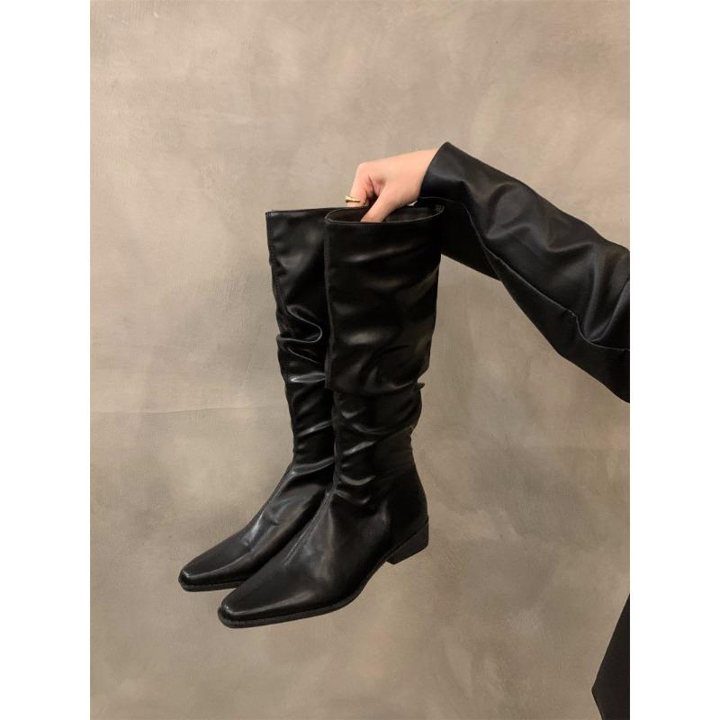 Women's Square Heel Pleated Long Tube Knight Boots Pointed Low Heels Casual Elegant Temperament Slim Boots Leather Women Shoes